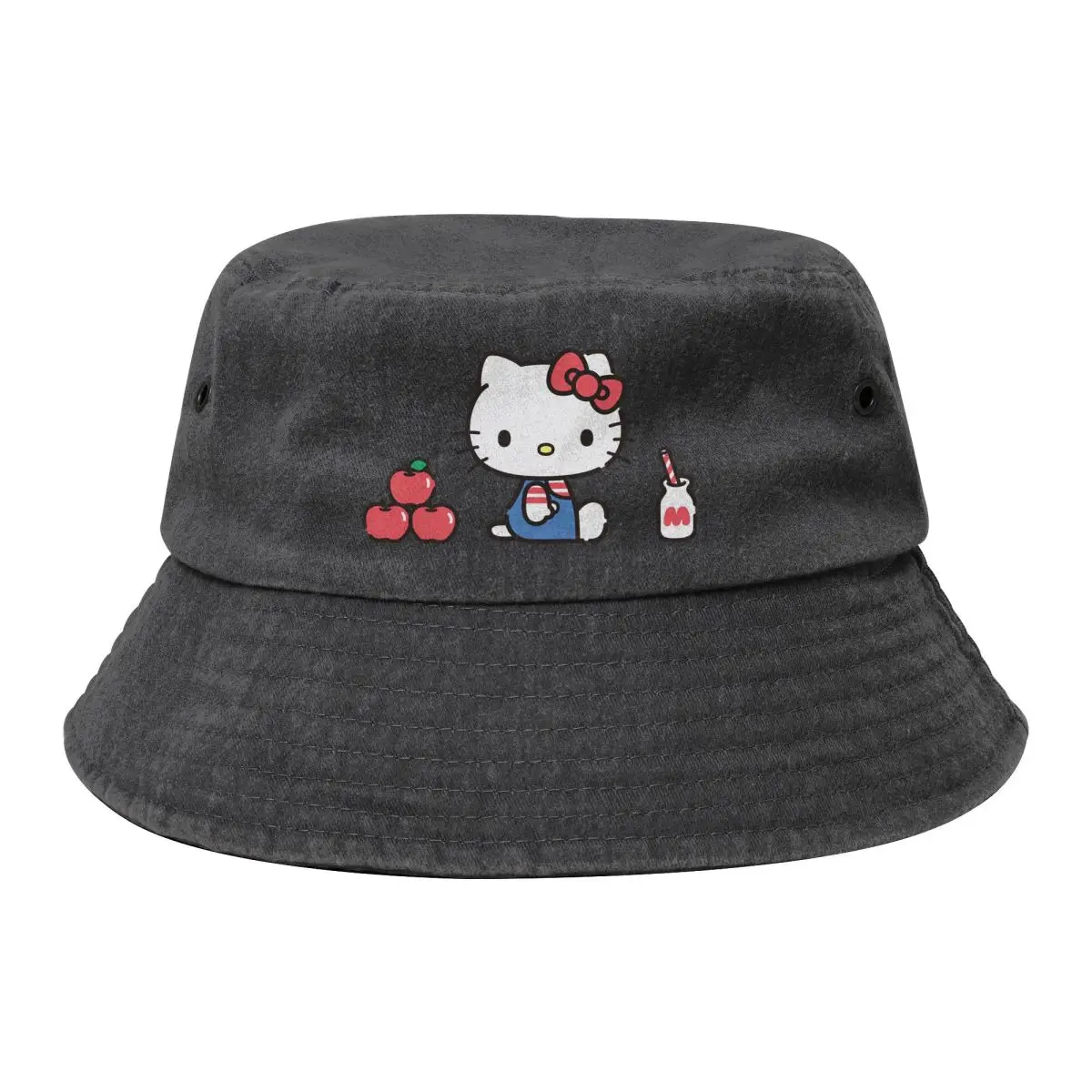 Summer Beach Headwear Kawaii Hello Kitty Accessories Cotton Denim Bucket Hats Streetwear Unisex Cartoon Fisherman Caps