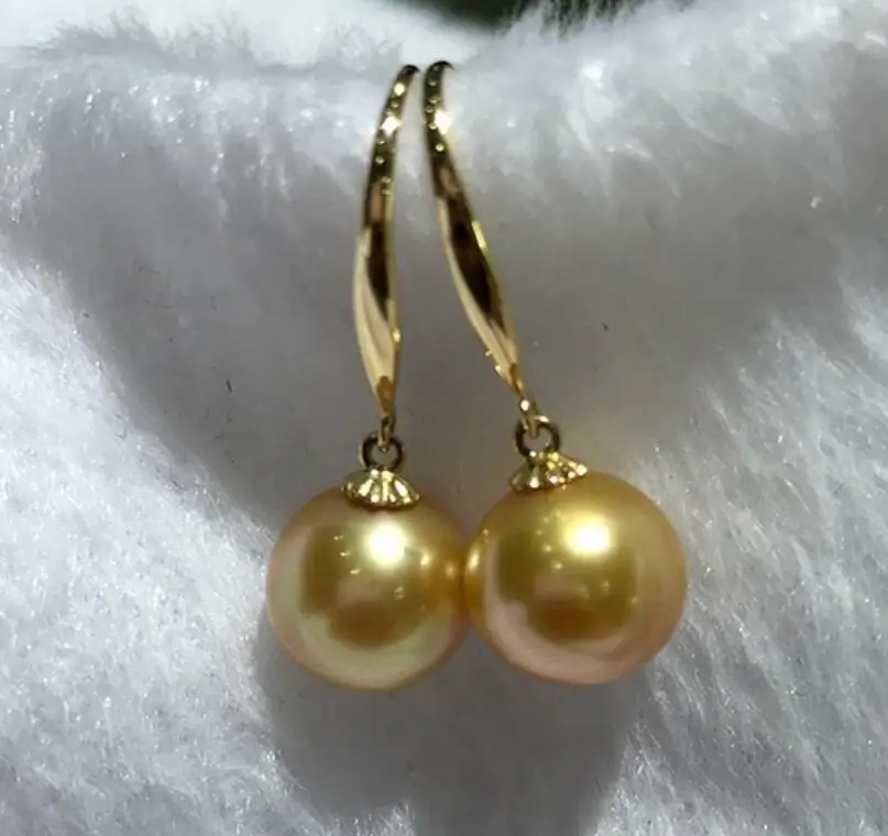 AAAAA gorgeous huge 9-10mm round South China Sea golden pearl earrings 14K gold