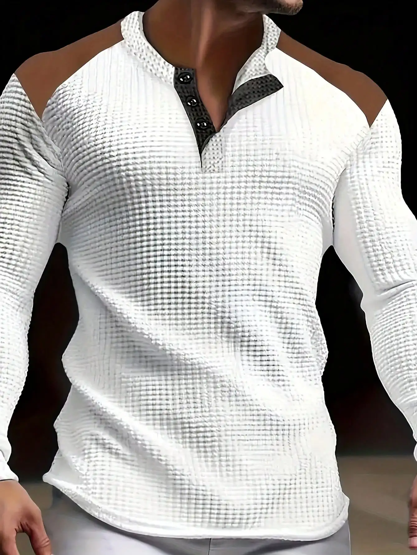 

Men's Long Sleeve Waffle Knit Henley Top with Contrast Shoulder Panels