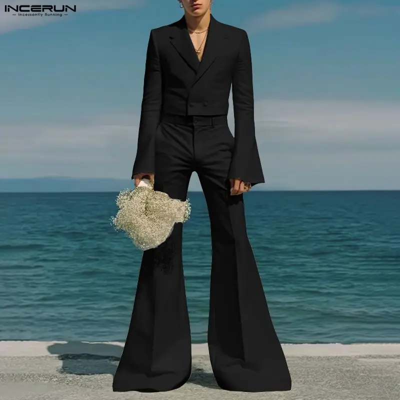 INCERUN Men Sets Solid Color Lapel Long Sleeve Crop Blazer & Flare Pants Two Pieces Sets Streetwear Fashion Men's Casual Suits