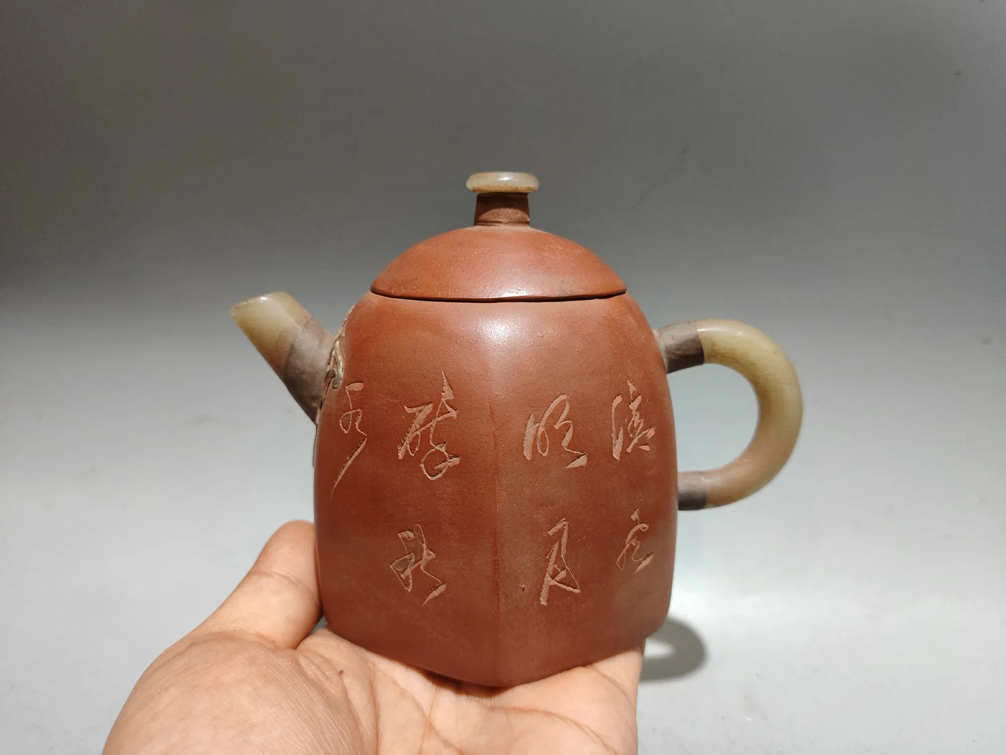 Old Yixing Purple Clay Teapot Raw Red Clay Inlaid jade Six sided Qin Quan teapot Engraved teapot Kettle Teapot Flagon