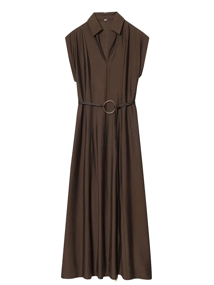 Femmes robe Sexy 2025 été automne nouveau sans manches col en v rides avec ceinture robe femmes mode élégante robe de soirée