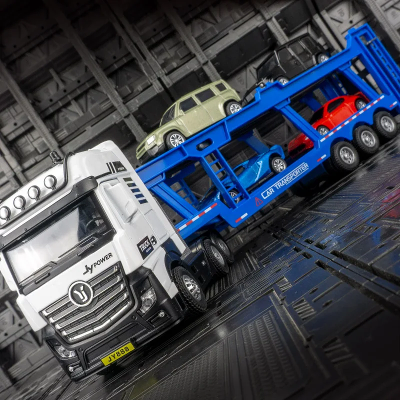 1:50 محاكاة الطريق الهندسي شاحنة نقل ذات طابقين سبيكة نموذج سيارة مقطورة مع 4 سيارات غنية بالتفاصيل، مصنوعة بدقة