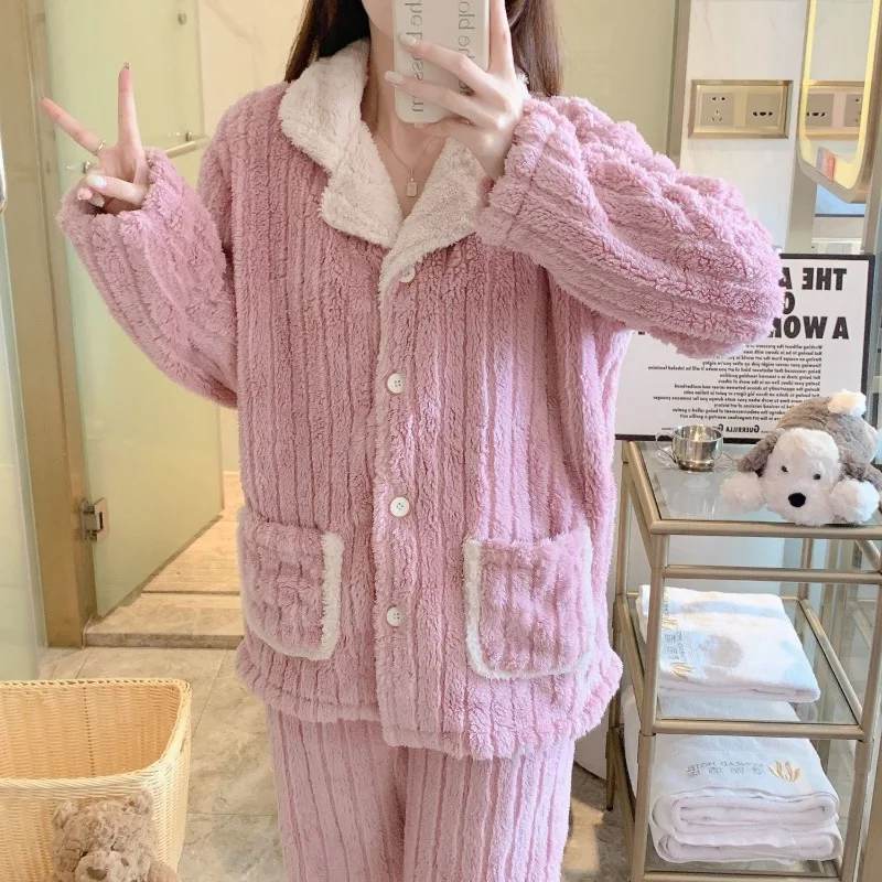 2024 New Autumn Winter Loungewear Coral Velvet Women's Pajamas Thick and Plush Lapels Flannel Sleepwear Warm Homewear Sets