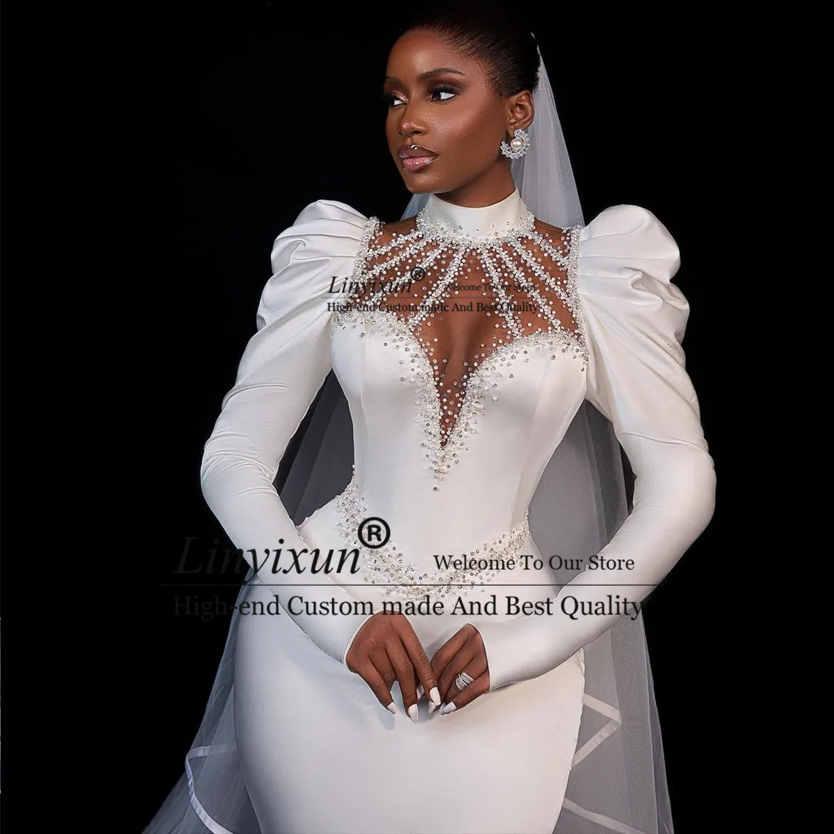 Exquisite 2024 Pearls Mermaid High Collar Wedding Dresses For Black Girls Beaded Full Bride Gowns Formal Beads robe de mariée