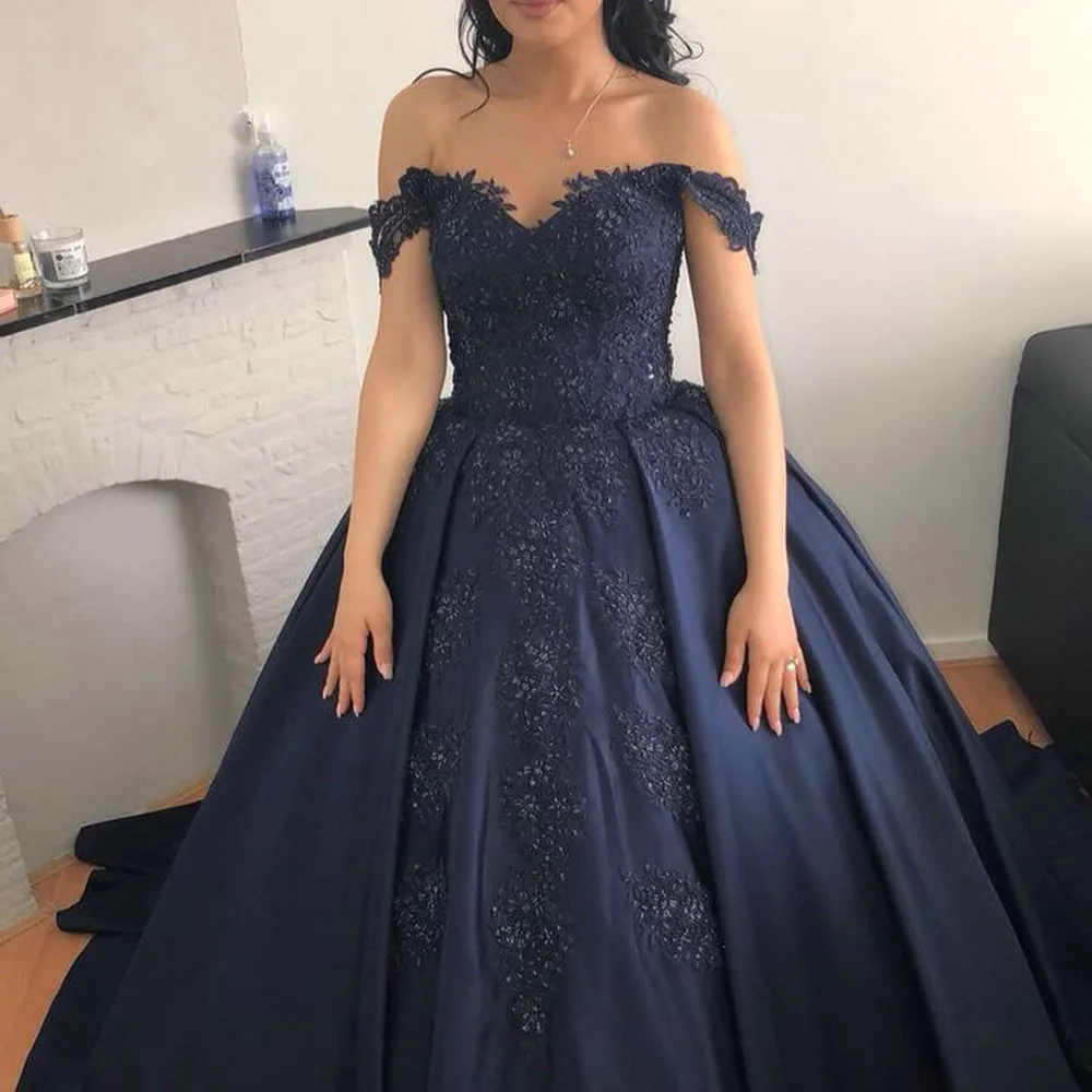 Vestido De novia De Arabia Saudita, traje De novia azul marino con apliques De encaje, hombros descubiertos, Turquía