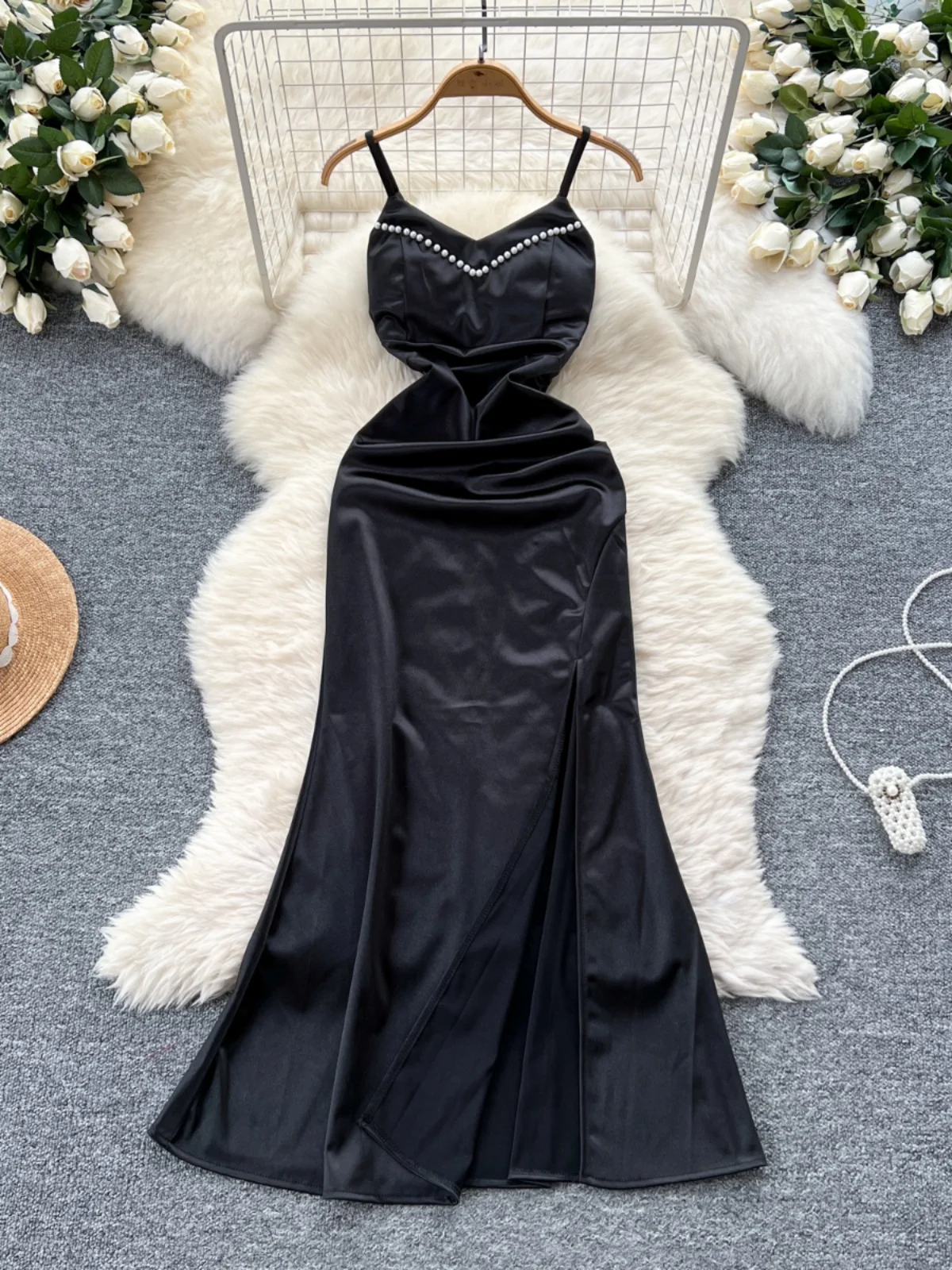 Vestido largo con tirantes para mujer, vestido Sexy de verano con estampado de leopardo de satén dividido, ajustado, cola de pez, para fiesta y Club