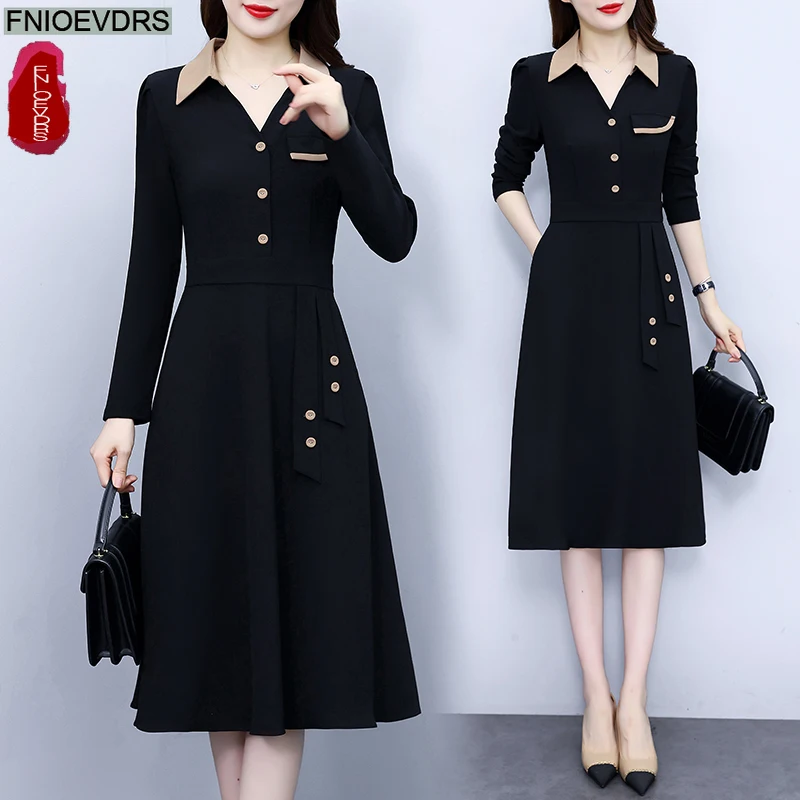 Gran oferta, vestidos camiseros de 2 piezas de imitación, nueva moda para mujer, elegante vestido de oficina para mujer, trabajo de retazos con botones, vestido negro francés hasta la rodilla