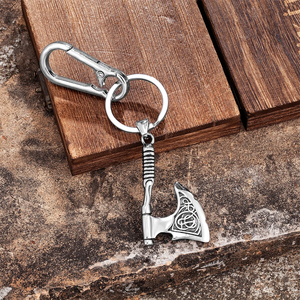 Punk Viking Rune Axe Keychain Norse Celtic Knot Odin Tomahawk Pendant Keyring Men Stainless Steel Self-defense Jewelry Male Gift