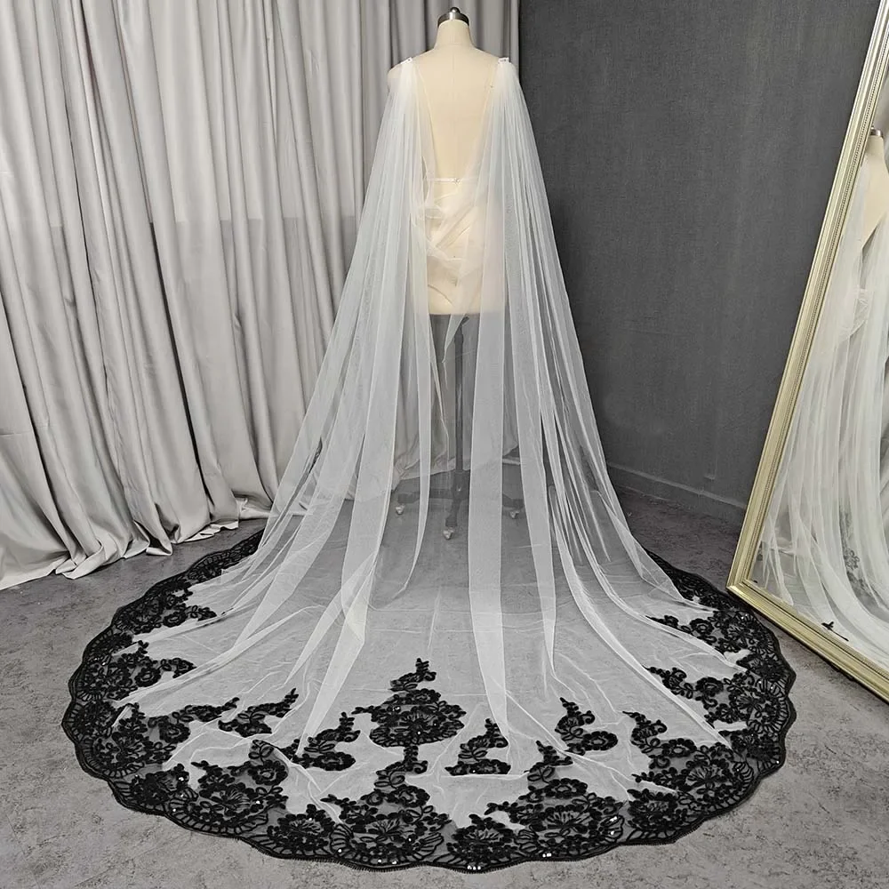 

2.5 m/3m/4m/5m long wedding black lace with white/ivory/creamy ivory chiffon shoulder veil letter black top