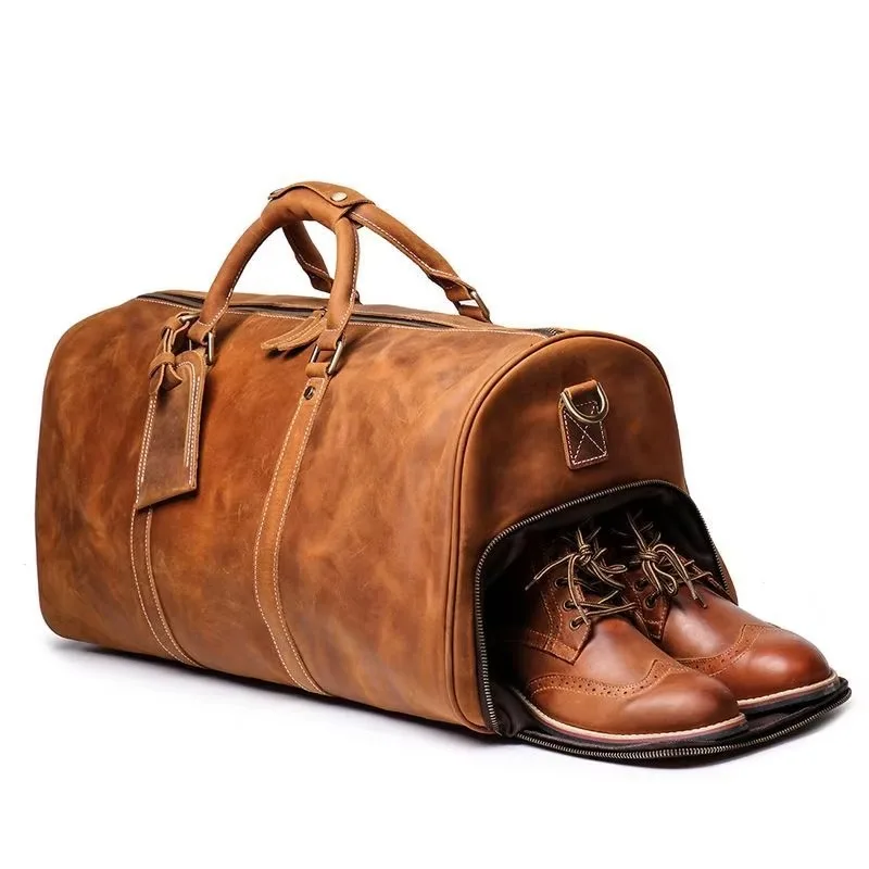 

Retro Men's Handheld Cowhide Travel Luggage Crazy Horse Genuine Leather Duffle Bags for Men with Tag