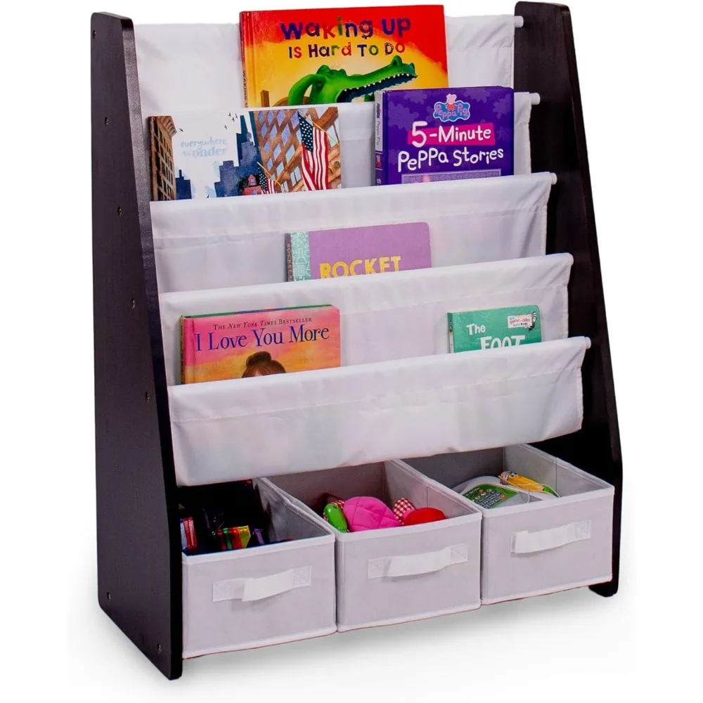 

4-Tier Kids Bookshelf and 3 Bins Toy Storage, Espresso and White - Book Shelf for Kids Rooms with Four Deep Pockets