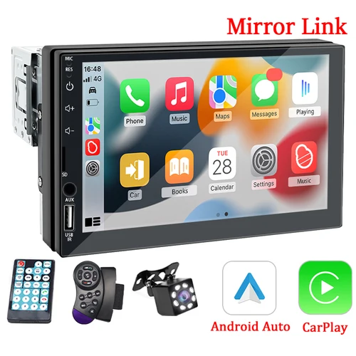 Imagen 1 del producto Hippcron 7 pulgadas Radio de coche 1 Din CarPlay Android Auto reproductor MP5 Universal Audio automático USB TF Bluetooth soporte cámara de visión trasera