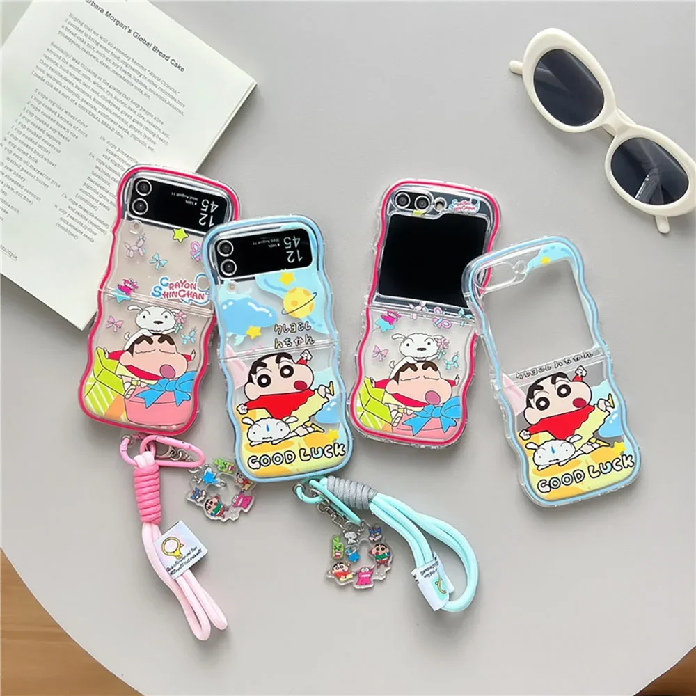 Kawaii S-Shin-chans With Lanyardd Phone Case for Samsung Galaxy Z Flip 3 4 5 Z Flip 6 5G PC Hard Anti-fall Back Cover Anti-fall