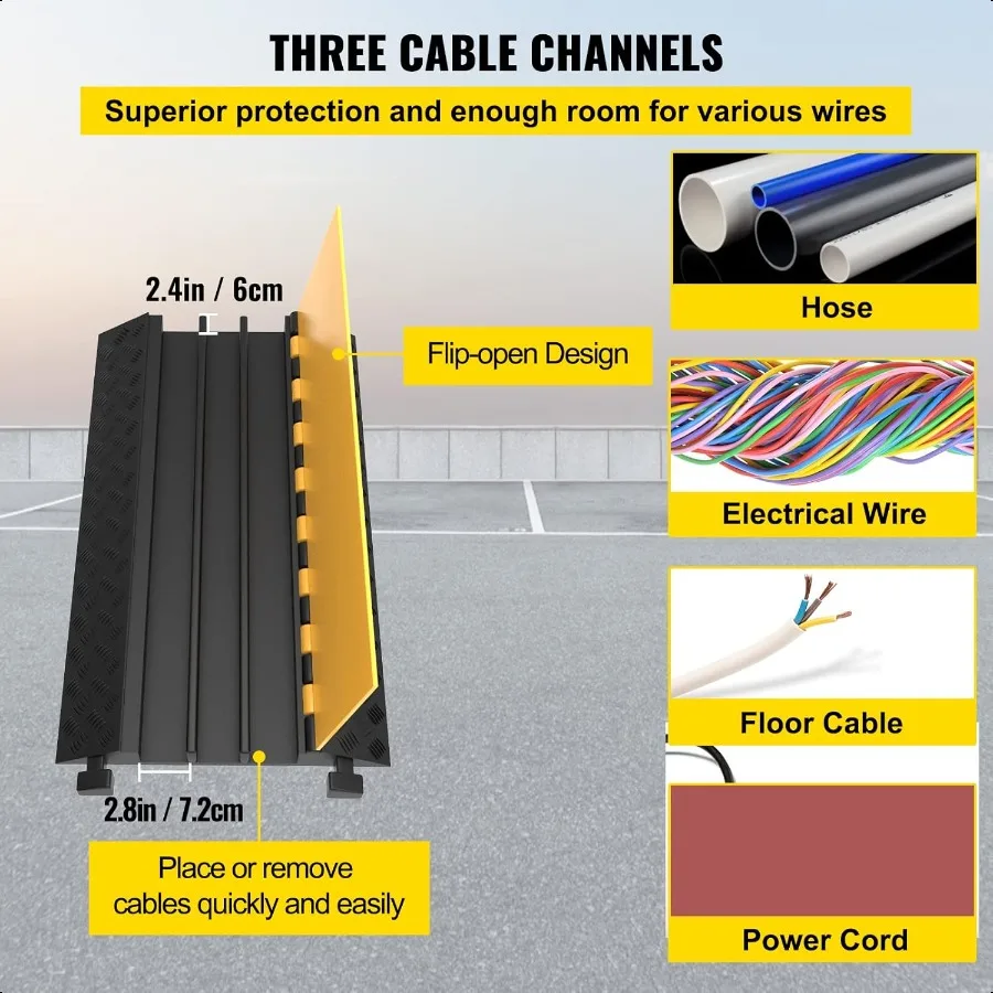3Channel Rubber Cable Protector Ramps Heavy Duty 44000Lbs Load Capacity Cable Wire Floor Cord Cover Ramp Speed Bump Driveway Ho