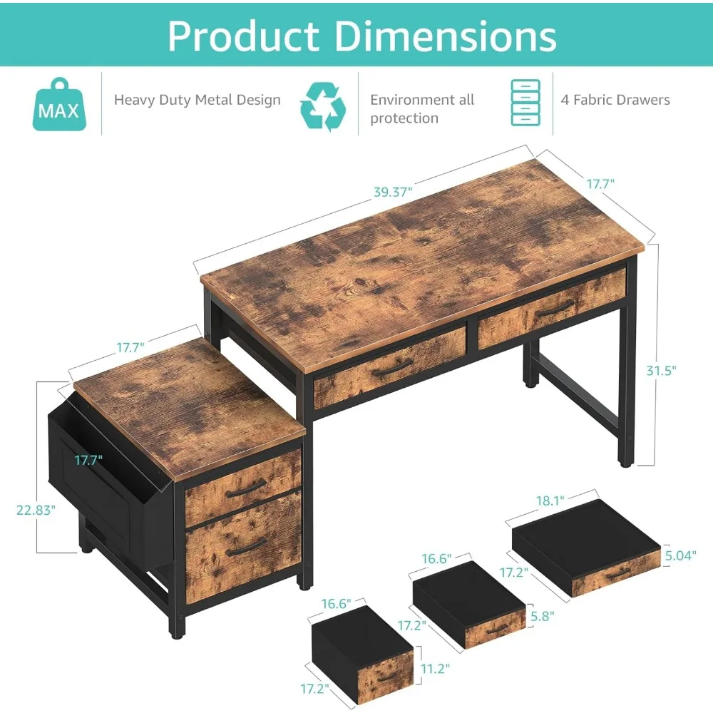 مكتب خزانة ملفات بأدراج قماشية مع حامل طابعة، مكتب مكتب منزلي مقاس 57 بوصة للمساحات الصغيرة
