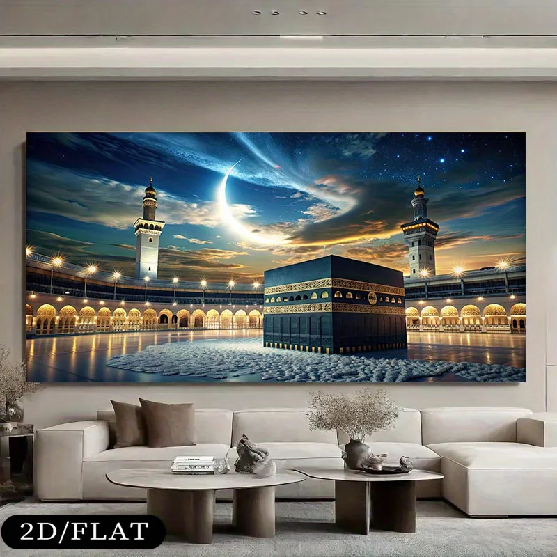 Kaaba At Mecca with Crescent Moon & Starry Sky Canvas Painting Wall Art, Frameless Large Islamic Wall Art for Living Room Decor