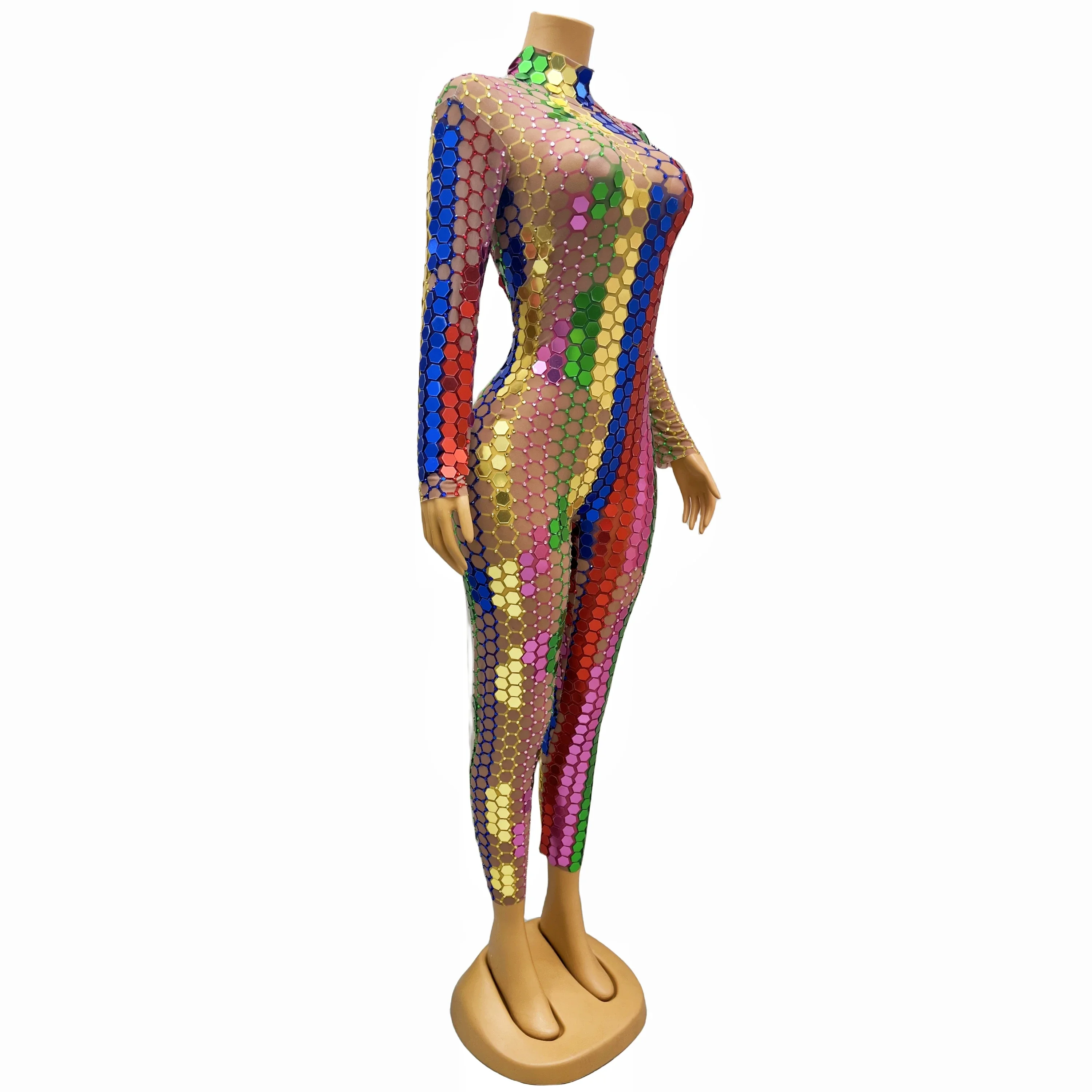 Sexy Colorful Rhinestones Mirrors Jumpsuit Birthday Celebrate Dance Stretch Outfit Prom Singer Bodysuit Stage Collection caipian