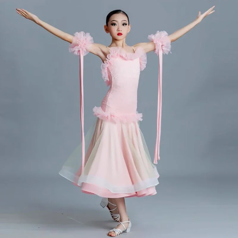 เด็กหญิง Waltz Tango Ballroom Dancewear Professional สปาเก็ตตี้ชุดชีฟองขนาดใหญ่ Fishbone กระโปรงโมเดิร์นเครื่องแต่งกาย