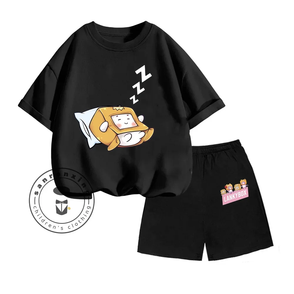 Summer Lankybox Cute Cartoon Print Design O-neck Loose Breathable Short Sleeve and Shorts Kids Summer Casual Two-piece Set