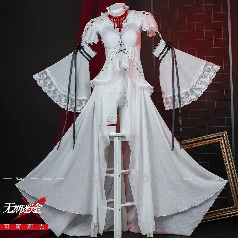 Coquelic Cosplay Costume Wig Game Path To Nowhere White Dress Sexy Uniform Sinner Flower Hairpin Fingernails legwear Girls^0^.