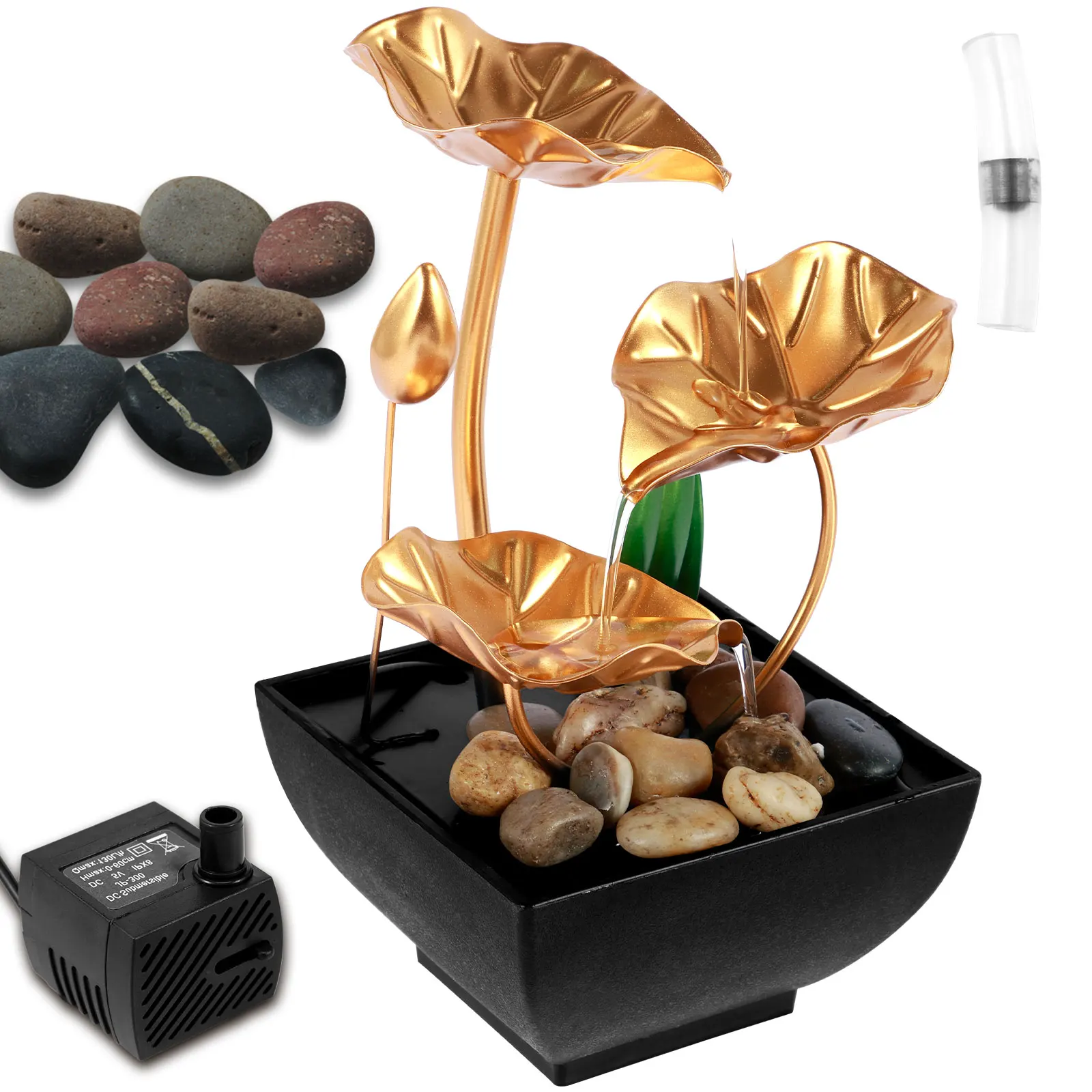 Tabletop Fountain USB Powered Small Lotus Waterfall with Rocks Relaxation Creative Fountains Desktop Waterfall Decoration Mini