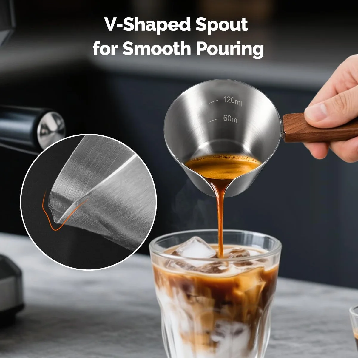 

E9 Espresso Measuring Cup Stainless Steel Kitchen Espresso Shot Cup Wide Mouth V-shaped Pour Spout Coffee Mug with Handle Scale