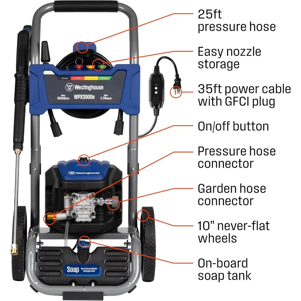 Lavadora a presión eléctrica de 3000 PSI con 1,76 GPM, motor de inducción, depósito de jabón integrado y pistola rociadora