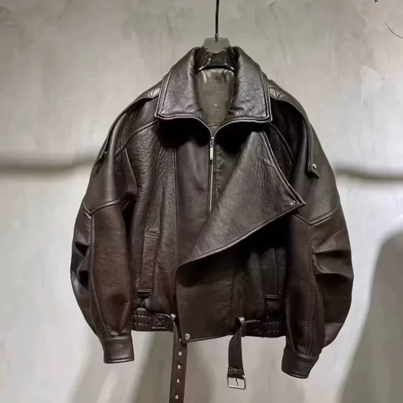 Luksusowa miękka skórzana kurtka damska, luźna kurtka bomberka, wiosenno-jesienna kurtka motocyklowa z PU, odzież wierzchnia, vintage odzież damska.