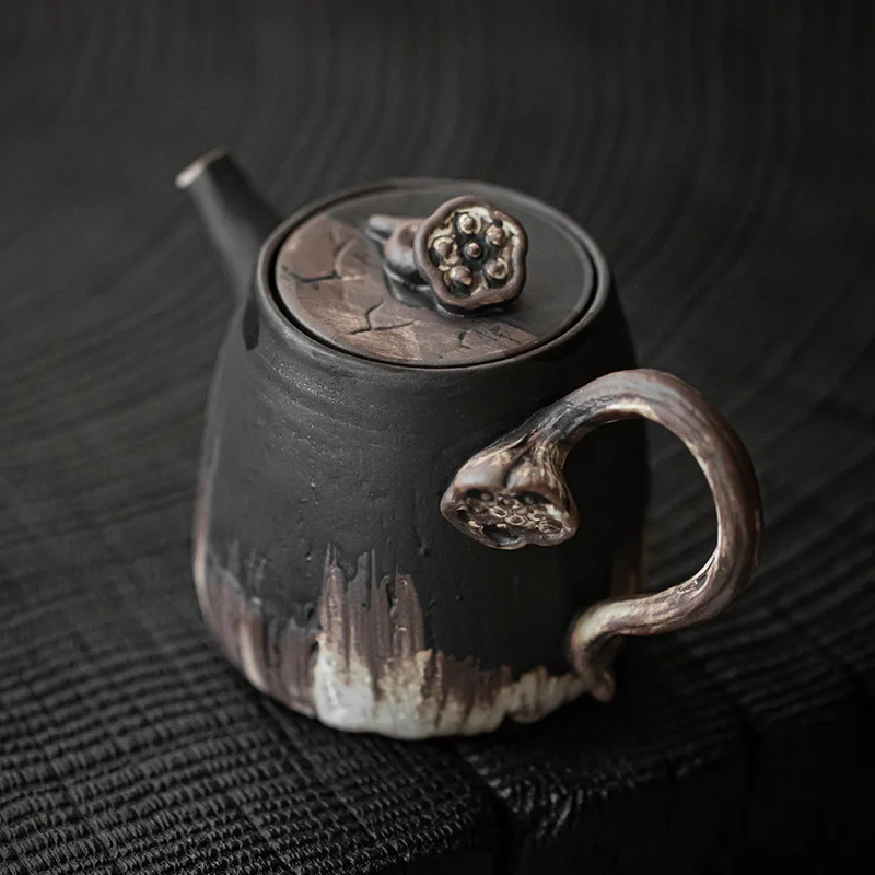 180ml Wabi-sabi Style Ceramic Tearot Zen Handmade Embossed Lotus Coarse Pottery Hand-held Pot Tea Maker Kettle Kung Fu Tea Set