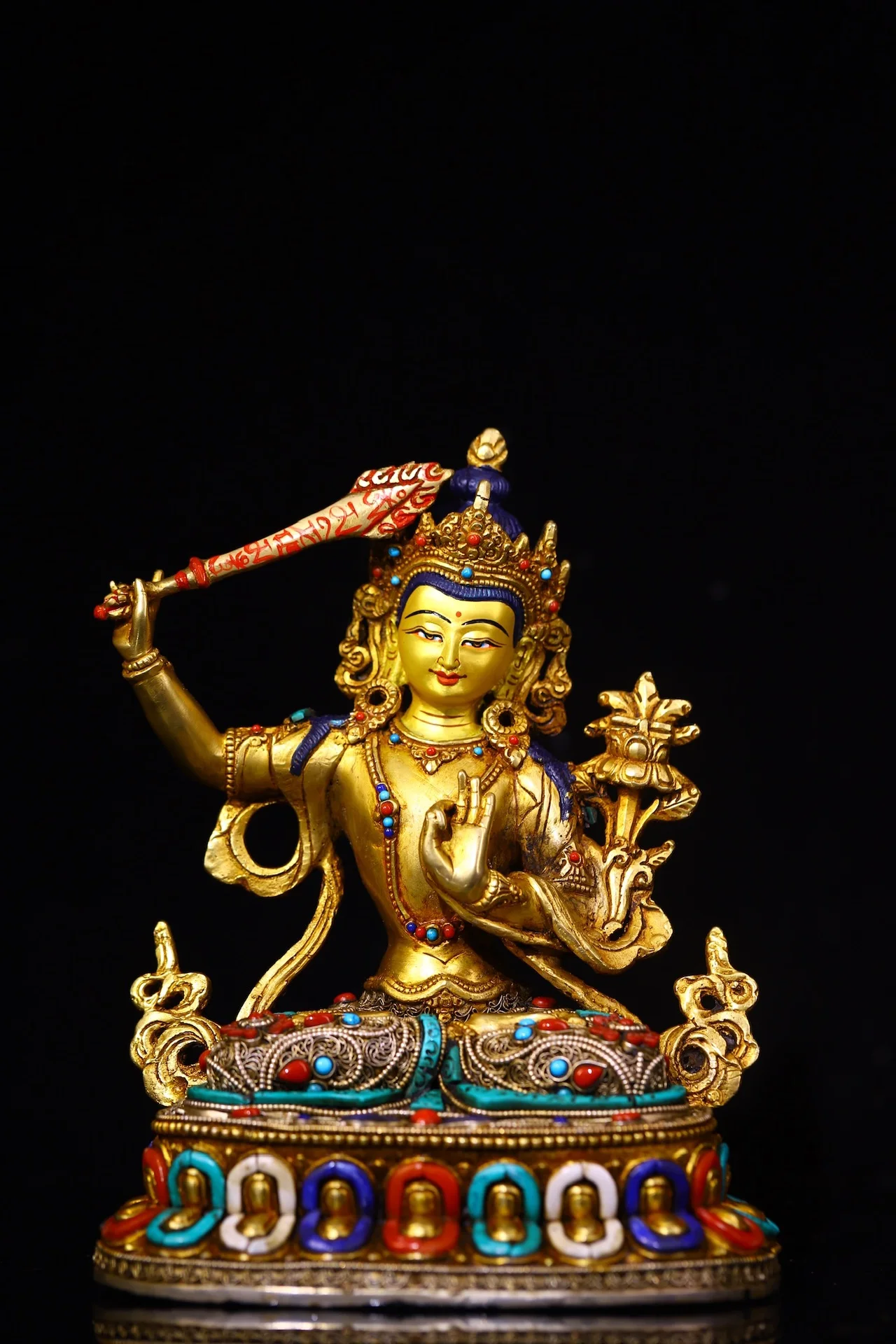 

11”Tibetan Temple Collection Old Bronze Outline in gold Mosaic Gem Turquoise Manjusri Bodhisattva Sitting Buddha Worship Hall