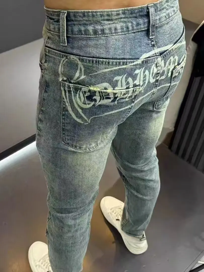 Koreanische Bewertungen Viele Jeans Trendige Jeans Herren Frühling Herbst Slim-Fit Design Hosen Hochwertige Mode Bedruckte Lange Hosen