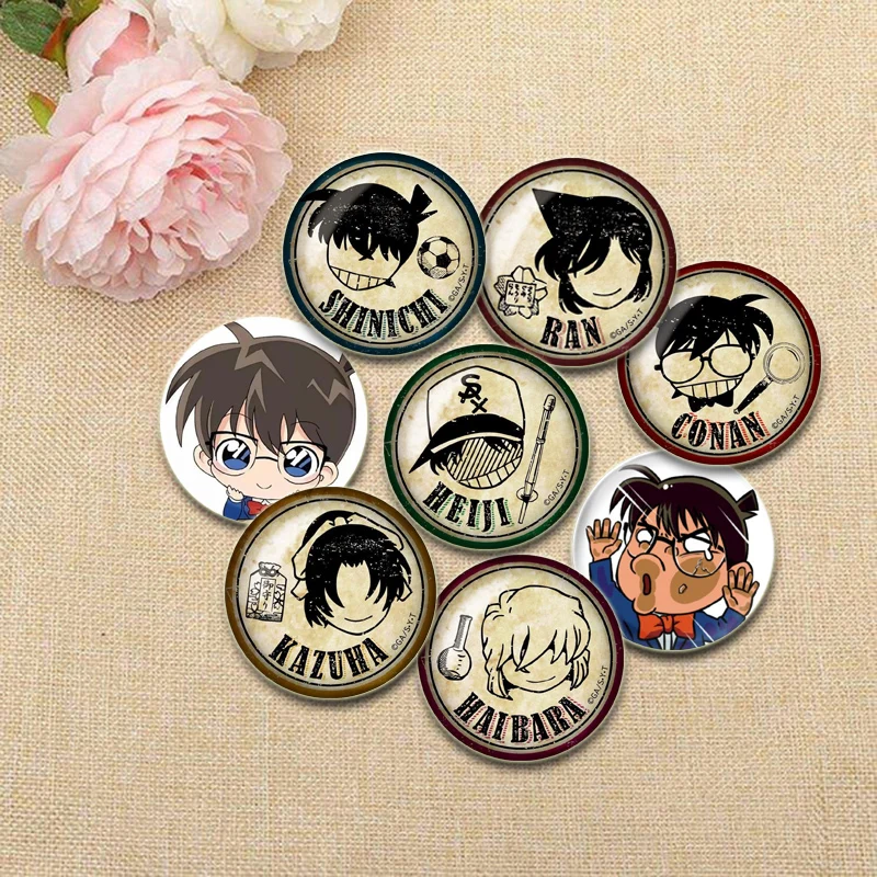 

Detective Anime Conan Brooch Kudou Shinichi/Haibara Ai Sherry/Mouri Ran Round Cartoon Pin Badge Jewelry Gift for Kids or Friends