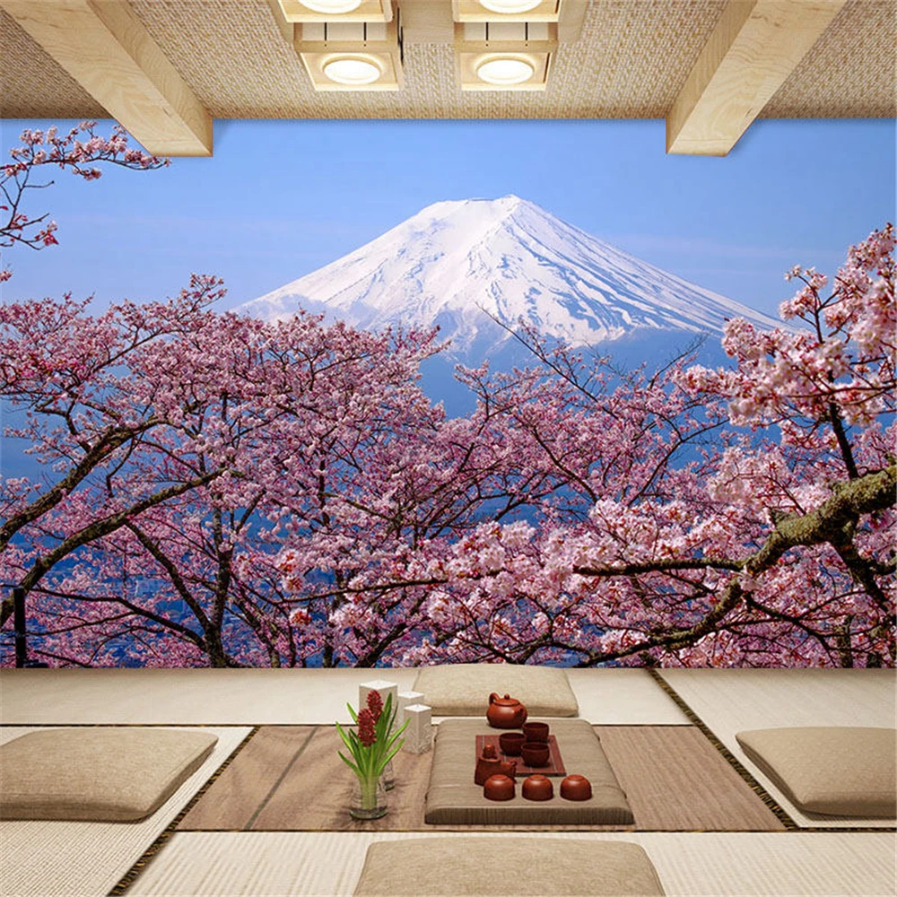 custom Sakura powder Fuji Mountain background mural wall paper sushi restaurant izakaya mural Japanese decorative 3D wallpaper