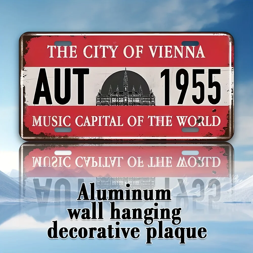 Letrero de pared de aluminio estilo | Placa de matrícula decorativa Retro Vienna Music Capital, diseño rojo y blanco multiusos, adecuada para