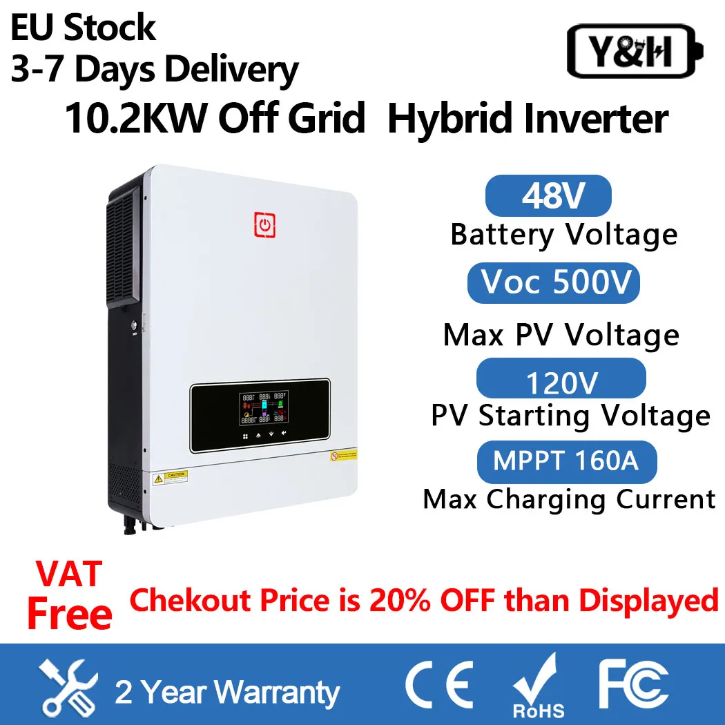 Y&H 10.2 kw Hybrid Inverter Mppt 160A Solar Charge Controller DC48V to AC230V On/Off Grid Dual PV Max 500V Input Pure Sine Wave