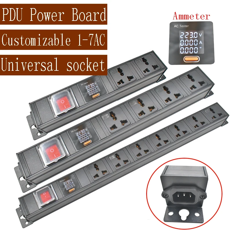 Aluminum alloy shell PDU network cabinet rack 10A universal socket 1-7AC with double break switch ammeter