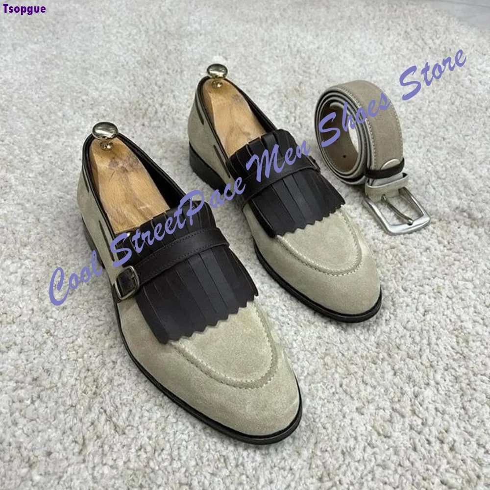 Men's Beige Suede Black Leather Fringe Loafers Buckle Decor Square Toe Dress Shoes Vintage Gentleman Business Casual Shoes
