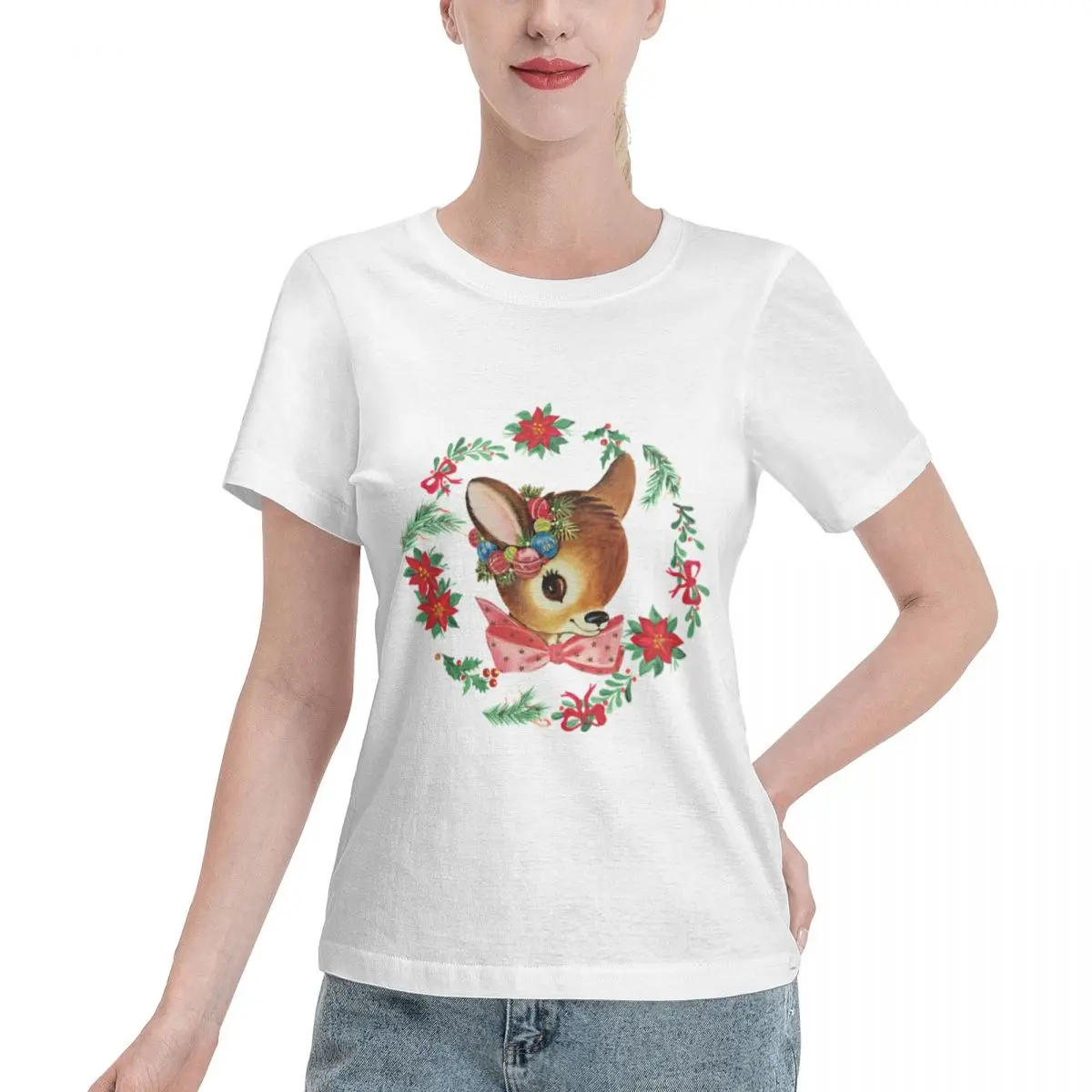 Popular On Social Vintage Style Reindeer Women's T-shirt Date Outfit Spring Autumn Top