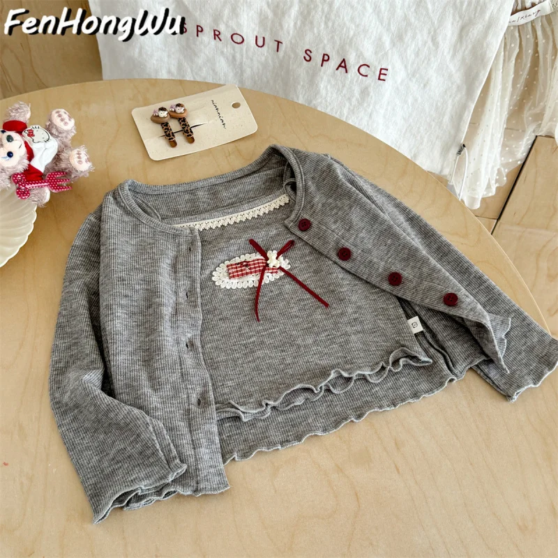 

Girls2025New Korean Style Bowknot Vest for Spring and Autumn+Two-piece Cardigan Set