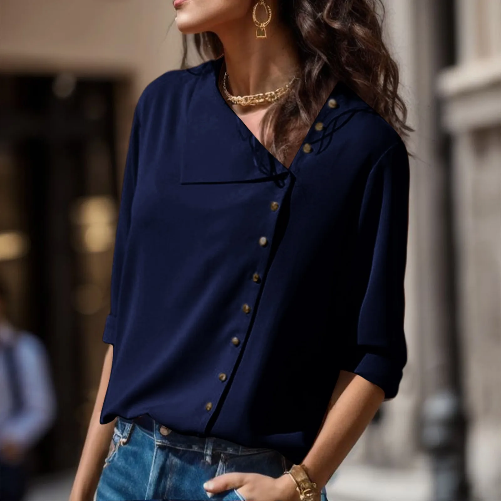 

Women Tops And Blouses 2023 Fashion Long Sleeve Skew Collar Chiffon Blouse Casual Tops Plus Size Elegent Work Wear Shirt XXL