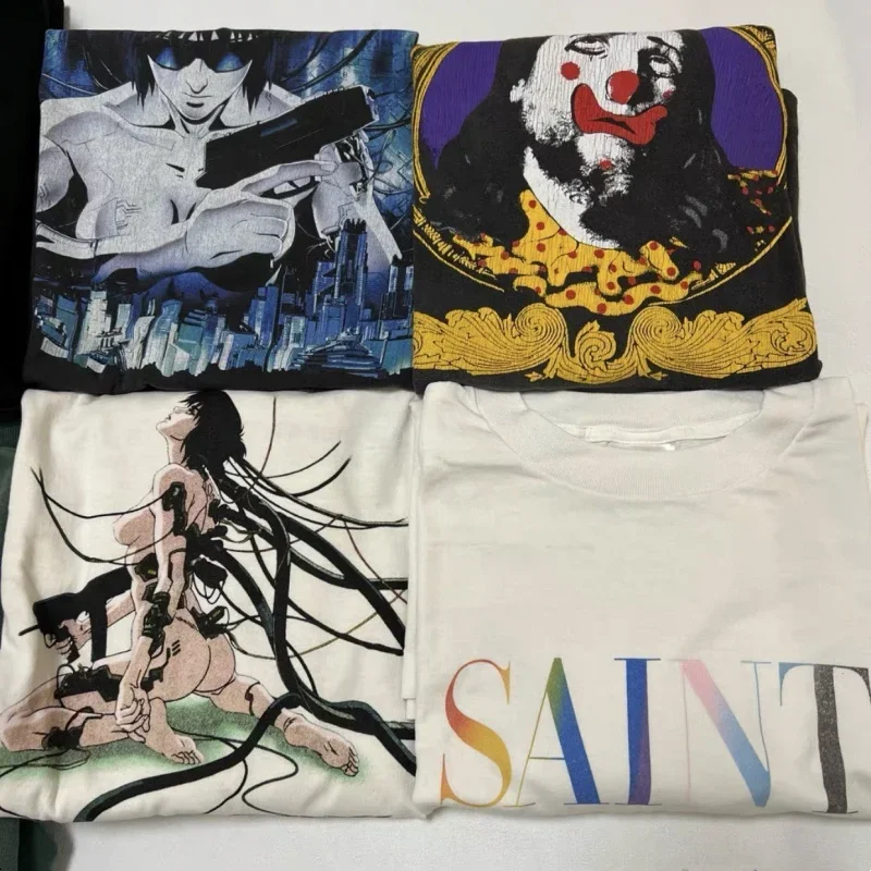 Oversized Summer Anime Print Vintage Saint Tshirts Breathable Cotton Dropped Shoulder Top Men Women Short Sleeve with Tags