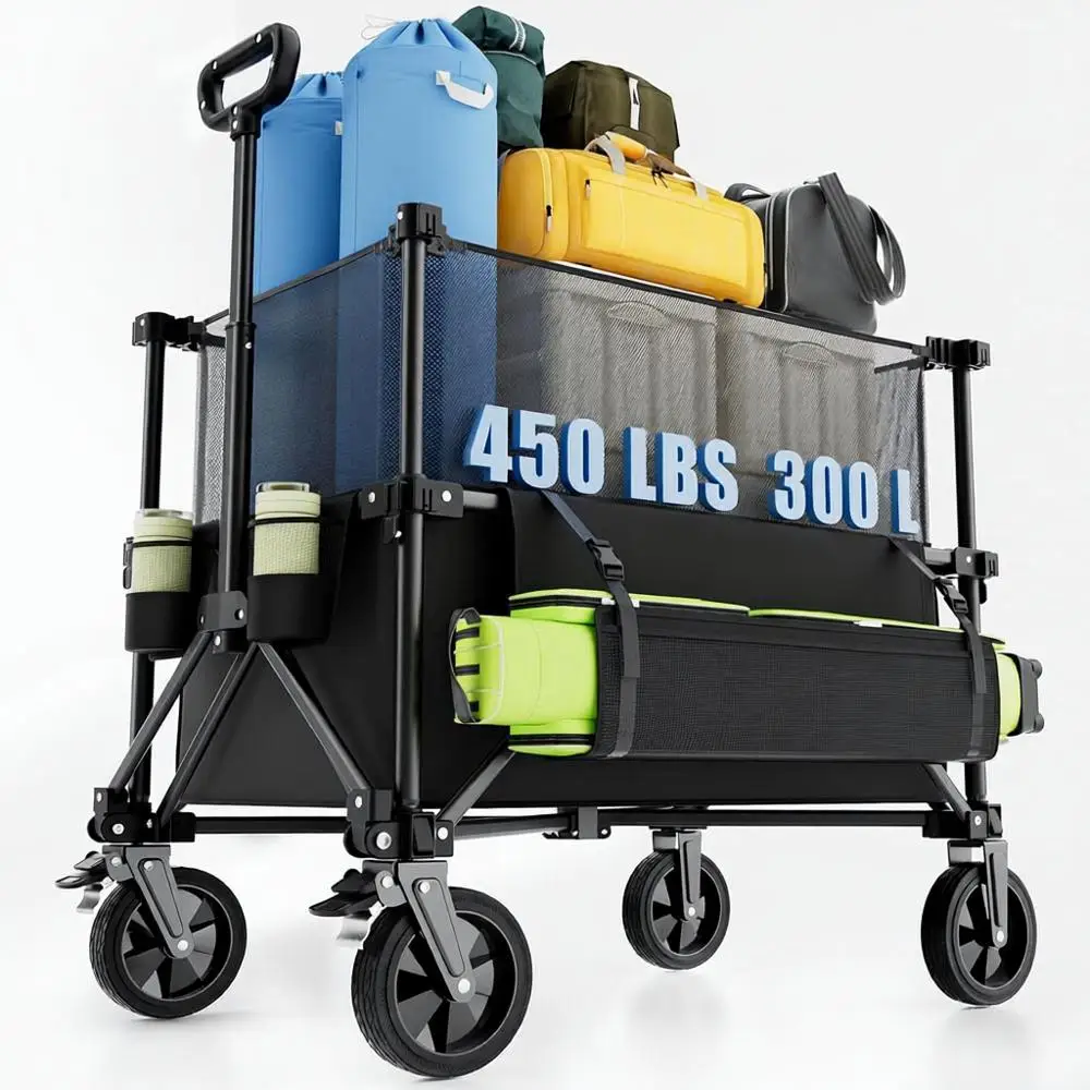 

Collapsible Wagon with Wheels, Adjustable Decker, 150L-300L Capacity, All-Terrain Wheels & Brake, 450LBS Heavy Duty, Suitable fo