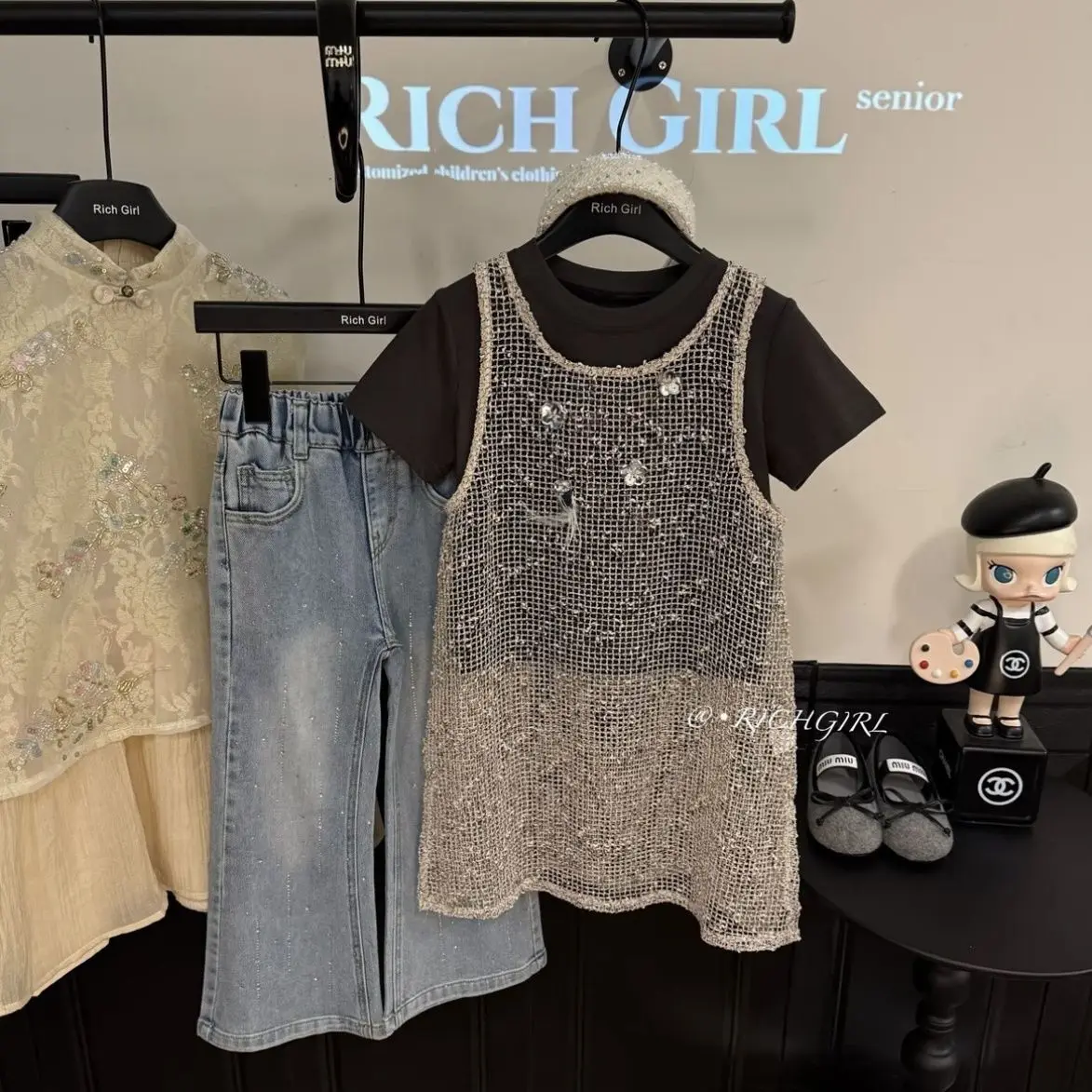 Kids Girls Sparkly 3-Piece Set Bow Print Short Sleeve T-Shirt + Sheer Sequin Mesh Tank Top + Light Blue Rhinestone Bootcut Jeans