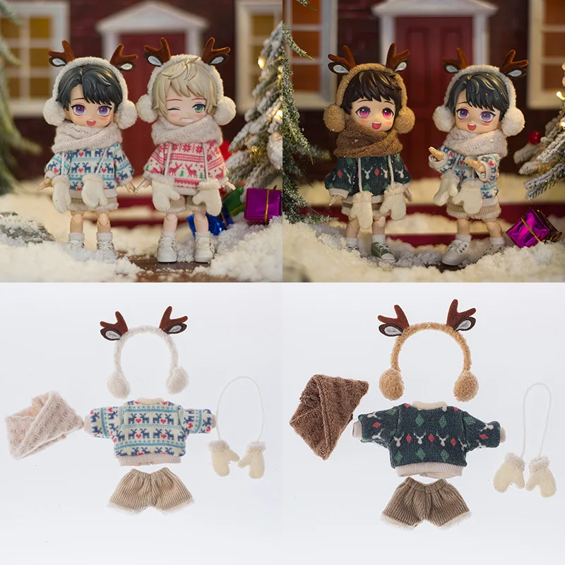 Ob11 Clothes Christmas Elk Knitted Sweater Plush Jacket Shorts Earmuffs Gloves Set for Obitsu11, Gsc, Molly, YMY, P9, 1/12bjd