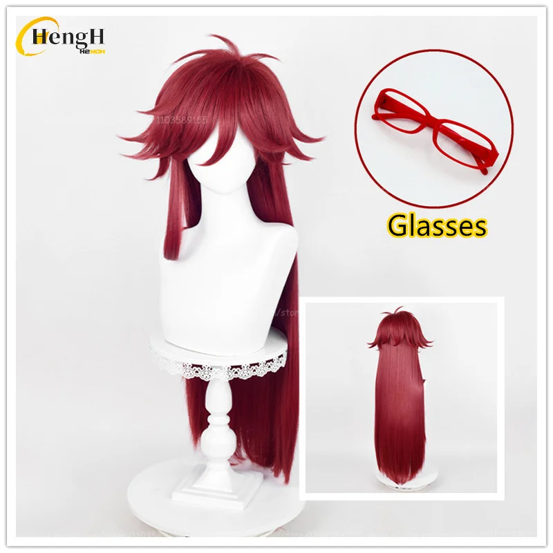 

In Stock Synthetic Anime Grell Sutcliff Cosplay Wig Long 90cm Rose Red Wig And Red Glasses Heat Resistant Hair Halloween Wigs