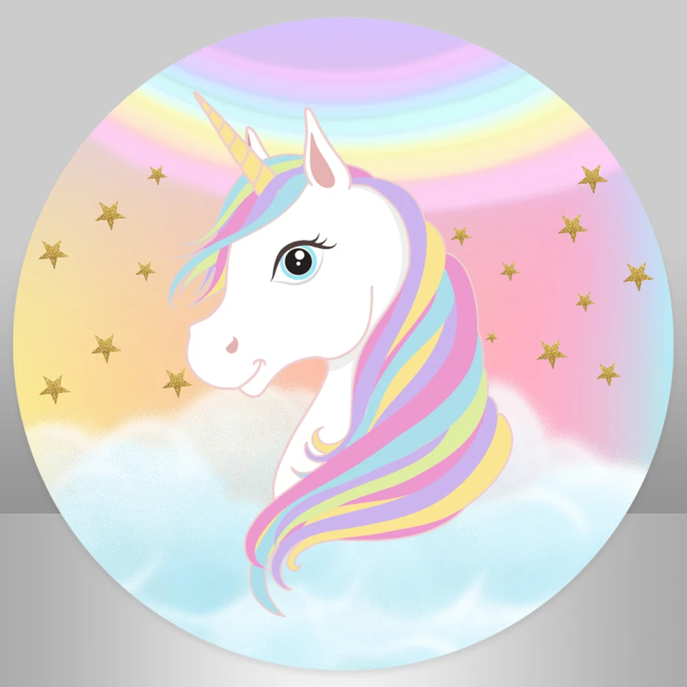 Rainbow Unicorn Birthday Circle Round Backdrop Cover Gold Stars Glitter Cake Table Cylinder Cover Background Elastic Polyester