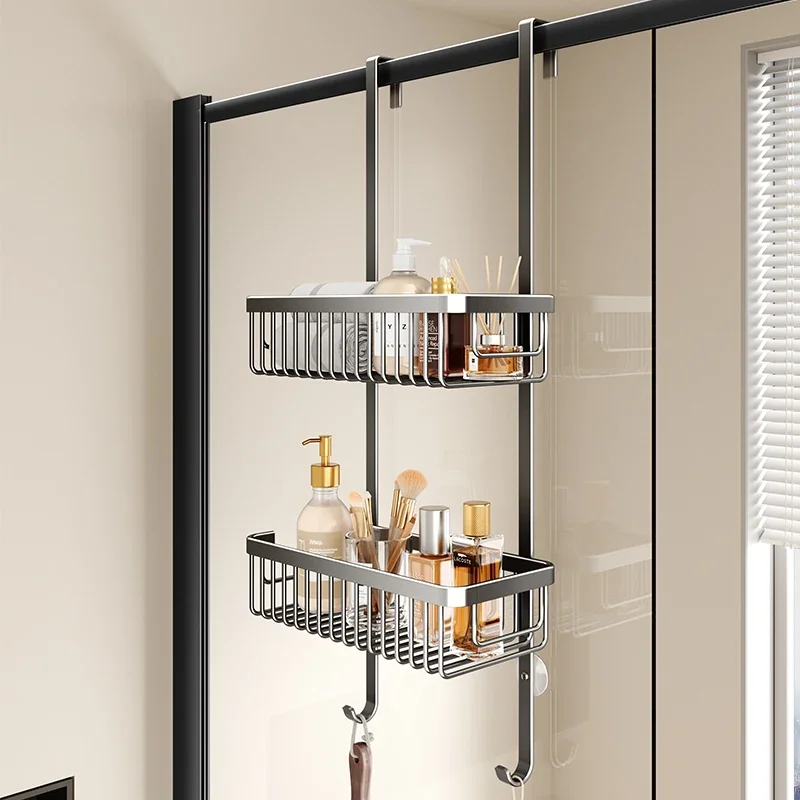 Aluminum Bathroom Shelves, Easy-to-Install Glass Door Partition, Multiple Hanging Baskets, Modern Storage Solution