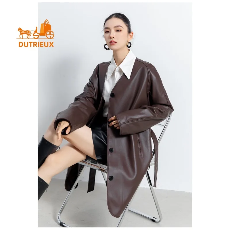 Giacca da donna in vera pelle con giacca a vento di media lunghezza semplice autunno e inverno, vera pelle di pecora al 100%, cappotto elegante alla moda da donna