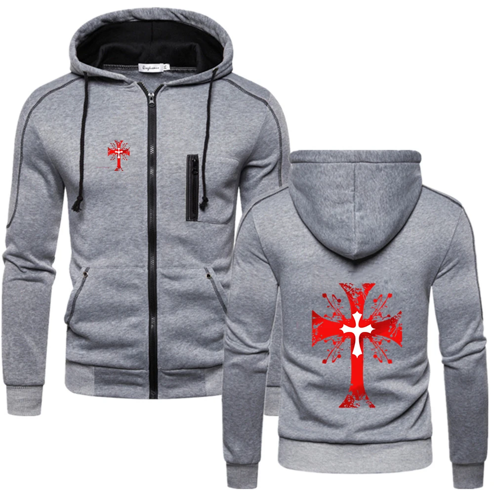 Knights Templar Logo Print Men's Long Sleeve Sweatshirt Hoodies Zipper Design Hooded Coat Sportswear Slim Fit Casual Jacket view 2